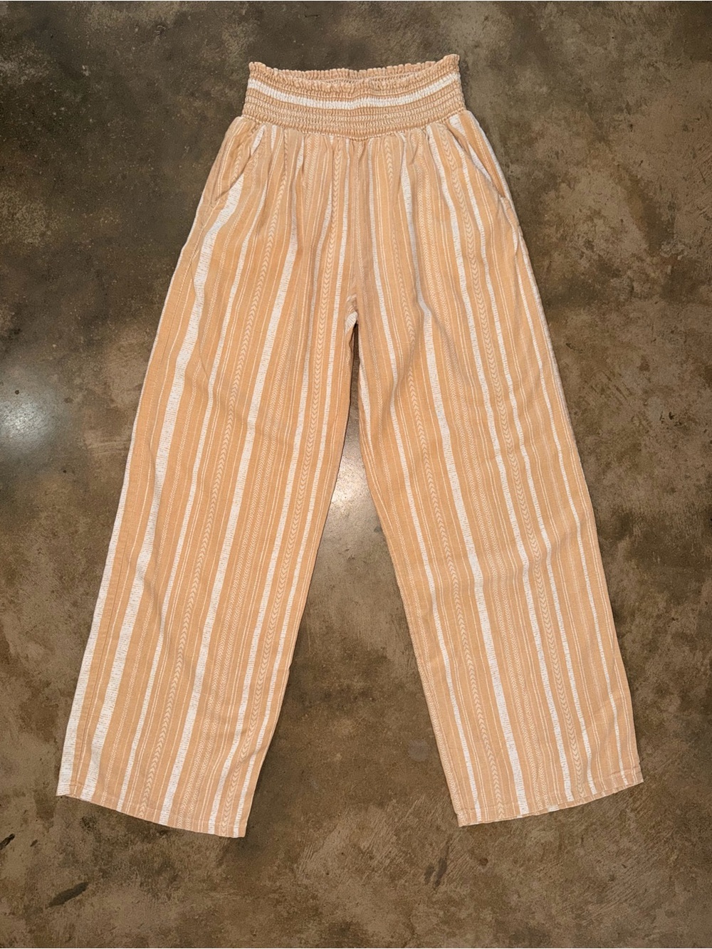 BeBop Linen Blend Wide Leg Pants Beige White Striped Smocked Waist M